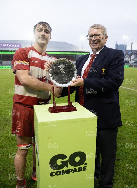 020526 - Furnace United v St Clears, U18s Boys Club Plate Final - Furnace United captain Thus Hughes receives the trophy from Chris Jones, WRU Board Member