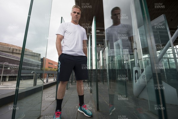 150416 - Cardiff Blues fly half Gareth Anscombe outside the Senedd in Cardiff Bay