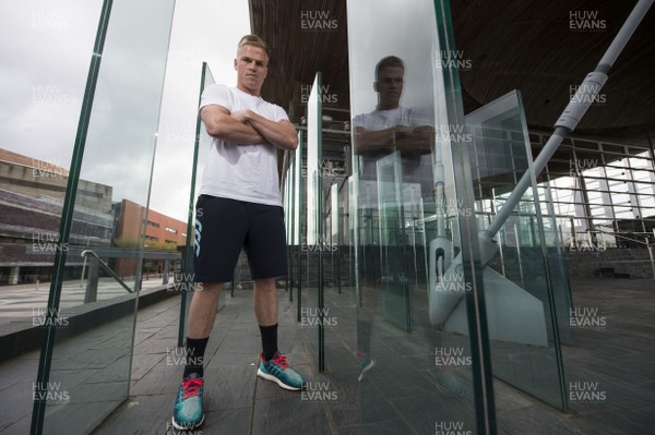 150416 - Cardiff Blues fly half Gareth Anscombe outside the Senedd in Cardiff Bay