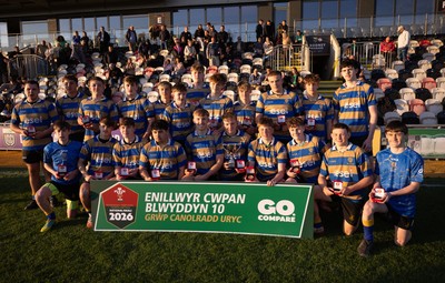 280426 - Garth Olwg v Brynteg, Boys Year 10 Final - Brynteg celebrate after winning the Boys Year 10 Final