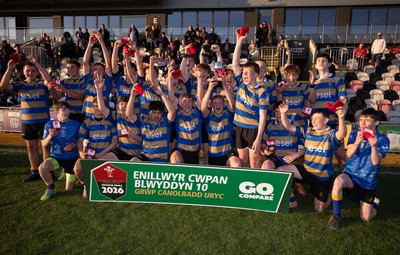 280426 - Garth Olwg v Brynteg, Boys Year 10 Final - Brynteg celebrate after winning the Boys Year 10 Final