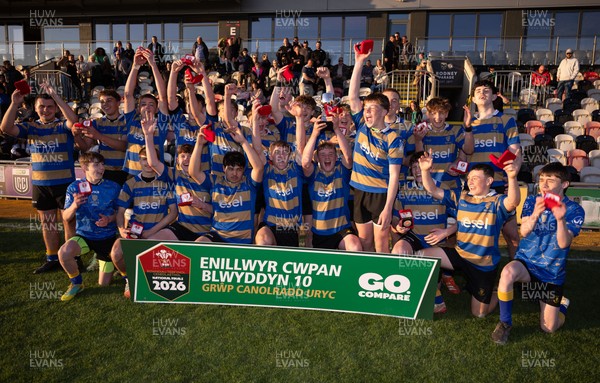 280426 - Garth Olwg v Brynteg, Boys Year 10 Final - Brynteg celebrate after winning the Boys Year 10 Final
