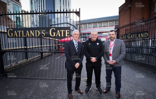 291119 - Former Wales Head Coach Warren Gatland with WRU Chairman Gareth Davies, left, and WRU Chief Executive Martyn Phillips at the newly named Gatland's Gate at the Principality Stadium