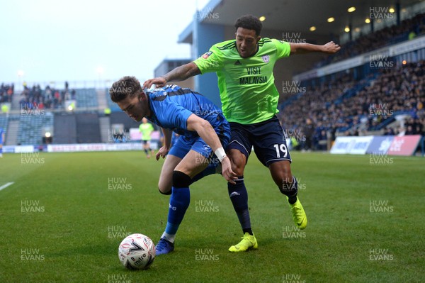 050119 - Gillingham v Cardiff City - FA Cup - Alex Lacey of Gillingham is tackled by Nathaniel Mendez-Laing of Cardiff City