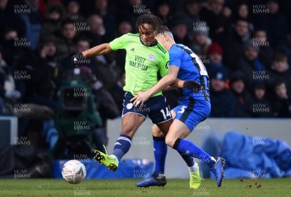 050119 - Gillingham v Cardiff City - FA Cup - Bobby Reid of Cardiff City is tackled by Callum Reilly of Gillingham