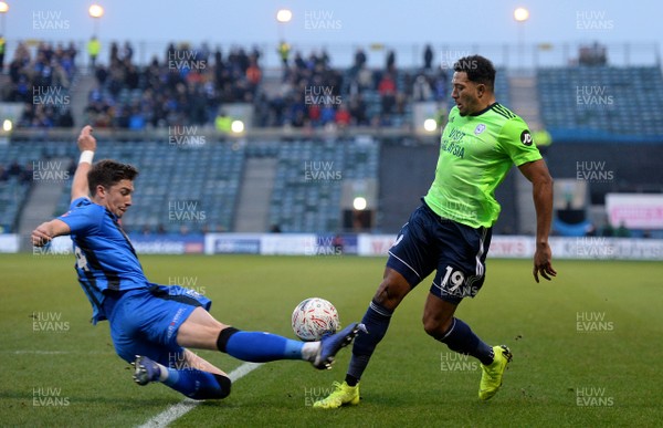 050119 - Gillingham v Cardiff City - FA Cup - Nathaniel Mendez-Laing of Cardiff City is tackled by Alex Lacey of Gillingham