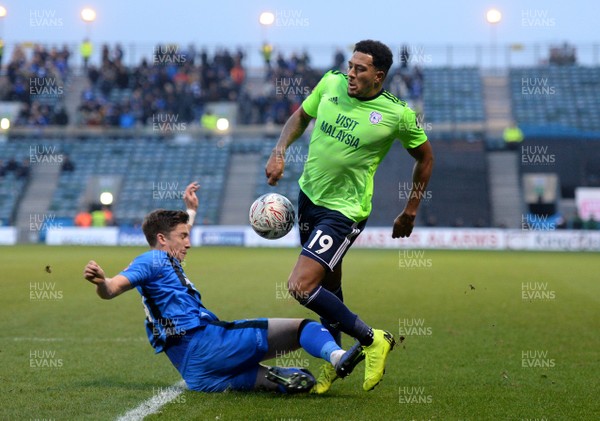 050119 - Gillingham v Cardiff City - FA Cup - Nathaniel Mendez-Laing of Cardiff City is tackled by Alex Lacey of Gillingham