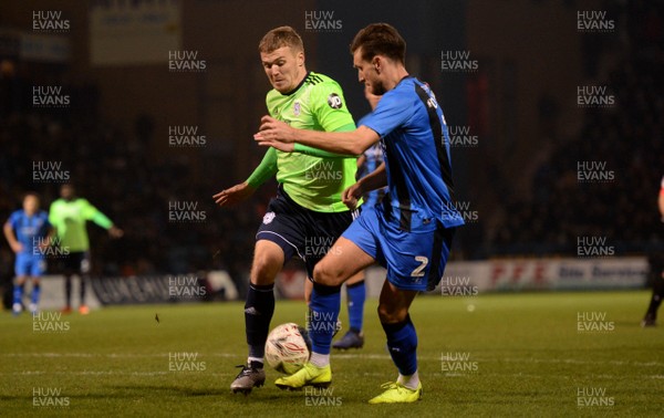 050119 - Gillingham v Cardiff City - FA Cup - Danny Ward of Cardiff City is tackled by Luke O'Neill of Gillingham