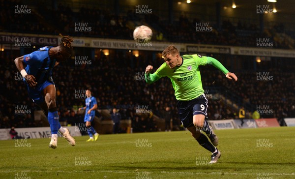 050119 - Gillingham v Cardiff City - FA Cup - Danny Ward of Cardiff City heads a shot at goal