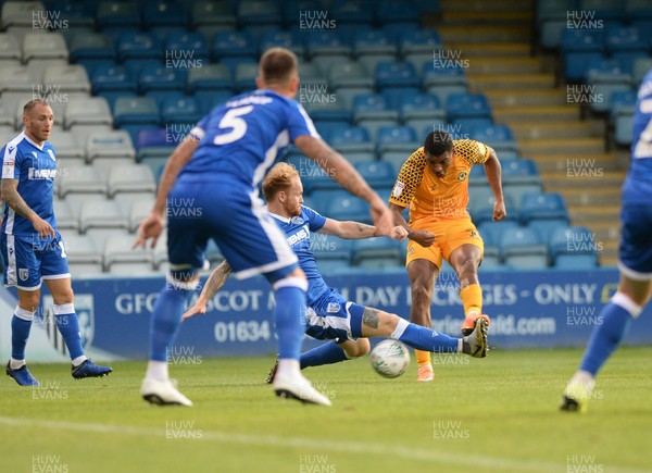 130819 - Gillingham v Newport County - Carabao Cup 1st Round -  Tristan Abrahams gets an early shot on goal for Newport
