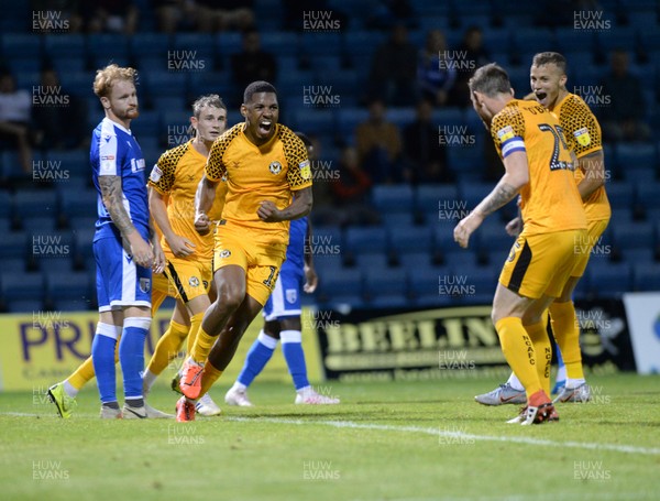 130819 - Gillingham v Newport County - Carabao Cup 1st Round -  Newport's Tristan Abrahams celebrates his equaliser