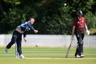 140525 - Glamorgan 2nd XI v Cardiff UCCE - T20 Blast Friendly - Tom Bevan of Glamorgan bowling