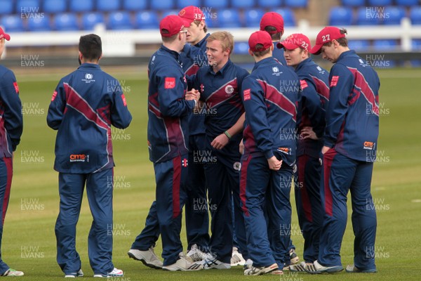 240314 - Glamorgan CCC v Cardiff MCCU - Preseason Friendly - Dan Lewis-Williams of Cardiff MCCU gets the first wicket