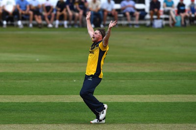 190822 - Glamorgan v Hampshire - Royal London Cup - Dan Douthwaite of Glamorgan celebrates the wicket of Tom Prest