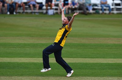 190822 - Glamorgan v Hampshire - Royal London Cup - Dan Douthwaite of Glamorgan celebrates the wicket of Tom Prest