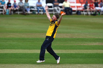 190822 - Glamorgan v Hampshire - Royal London Cup - Dan Douthwaite of Glamorgan celebrates the wicket of Tom Prest