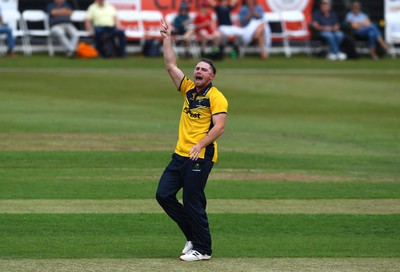 190822 - Glamorgan v Hampshire - Royal London Cup - Dan Douthwaite of Glamorgan celebrates the wicket of Tom Prest