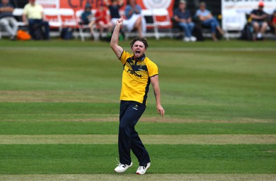 190822 - Glamorgan v Hampshire - Royal London Cup - Dan Douthwaite of Glamorgan celebrates the wicket of Tom Prest