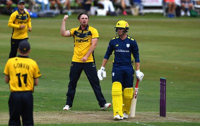 190822 - Glamorgan v Hampshire - Royal London Cup - Dan Douthwaite of Glamorgan celebrates the wicket of Tom Prest