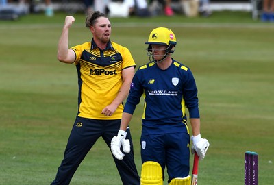 190822 - Glamorgan v Hampshire - Royal London Cup - Dan Douthwaite of Glamorgan celebrates the wicket of Tom Prest