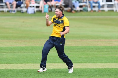 190822 - Glamorgan v Hampshire - Royal London Cup - Dan Douthwaite of Glamorgan unsuccessfully appeals