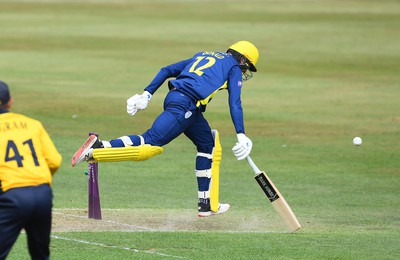 190822 - Glamorgan v Hampshire - Royal London Cup - Aneurin Donald of Hampshire is run out by Kiran Carlson