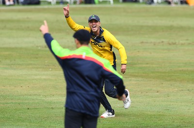 190822 - Glamorgan v Hampshire - Royal London Cup - Kiran Carlson of Glamorgan celebrates the wicket of Aneurin Donald