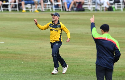 190822 - Glamorgan v Hampshire - Royal London Cup - Kiran Carlson of Glamorgan celebrates the wicket of Aneurin Donald