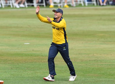 190822 - Glamorgan v Hampshire - Royal London Cup - Kiran Carlson of Glamorgan celebrates the wicket of Aneurin Donald