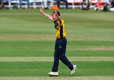 190822 - Glamorgan v Hampshire - Royal London Cup - Andy Gorvin of Glamorgan celebrates the wicket of Fletcha Middleton