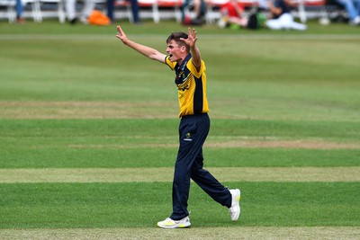 190822 - Glamorgan v Hampshire - Royal London Cup - Andy Gorvin of Glamorgan celebrates the wicket of Fletcha Middleton