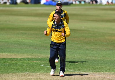 190822 - Glamorgan v Hampshire - Royal London Cup - Kiran Carlson of Glamorgan celebrates the wicket of Nick Gubbins of Hampshire