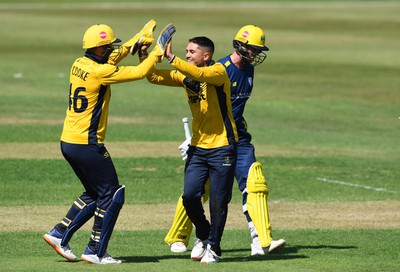 190822 - Glamorgan v Hampshire - Royal London Cup - Kiran Carlson of Glamorgan celebrates the wicket of Nick Gubbins of Hampshire