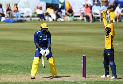 190822 - Glamorgan v Hampshire - Royal London Cup - Keith Barker of Hampshire is out for LBW