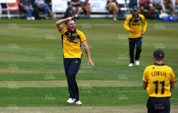 190822 - Glamorgan v Hampshire - Royal London Cup - Dan Douthwaite of Glamorgan celebrates the wicket of Tom Prest