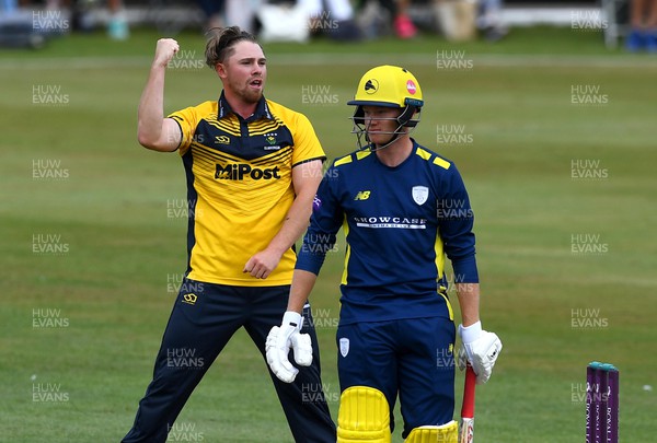 190822 - Glamorgan v Hampshire - Royal London Cup - Dan Douthwaite of Glamorgan celebrates the wicket of Tom Prest