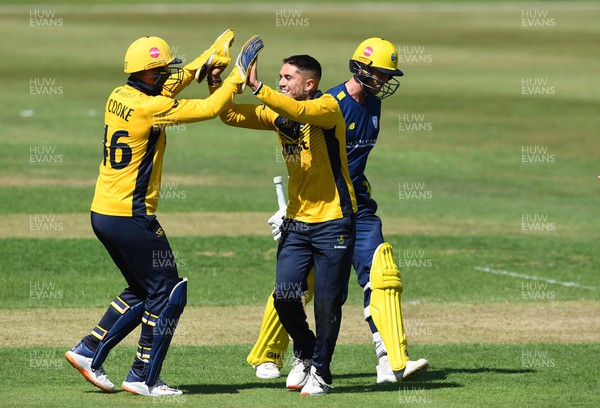 190822 - Glamorgan v Hampshire - Royal London Cup - Kiran Carlson of Glamorgan celebrates the wicket of Nick Gubbins of Hampshire