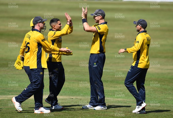 190822 - Glamorgan v Hampshire - Royal London Cup - Kiran Carlson of Glamorgan celebrates the wicket of Nick Gubbins of Hampshire