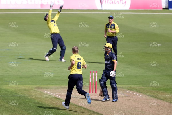 300820 - Glamorgan Cricket v Birmingham Bears - Vitality T20 Blast - Billy Root is caught by Michael Burgess of the bowling of Olly Stone