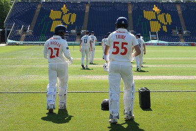 020525 - Glamorgan v Derbyshire - Rothesay County Championship - Zain Ul-Hassan and Asa Tribe of Glamorgan enter the field