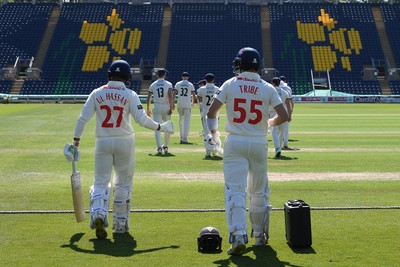 020525 - Glamorgan v Derbyshire - Rothesay County Championship - Zain Ul-Hassan and Asa Tribe of Glamorgan enter the field