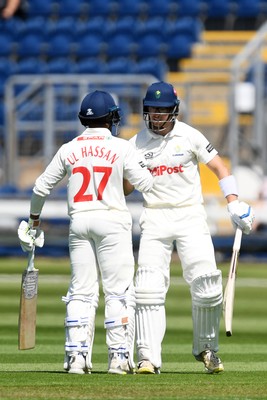 020525 - Glamorgan v Derbyshire - Rothesay County Championship - Zain Ul-Hassan congratulates Asa Tribe of Glamorgan after hitting 50