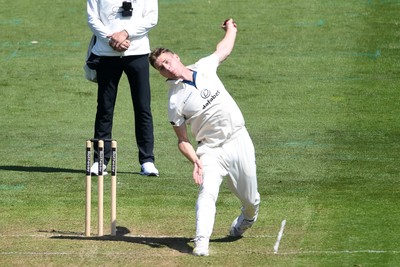 020525 - Glamorgan v Derbyshire - Rothesay County Championship - Luis Reece of Derbyshire bowls out Asa Tribe of Glamorgan