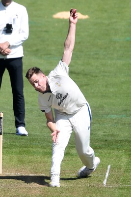 020525 - Glamorgan v Derbyshire - Rothesay County Championship - Luis Reece of Derbyshire bowls out Asa Tribe of Glamorgan