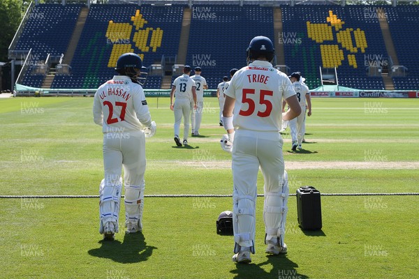 020525 - Glamorgan v Derbyshire - Rothesay County Championship - Zain Ul-Hassan and Asa Tribe of Glamorgan enter the field