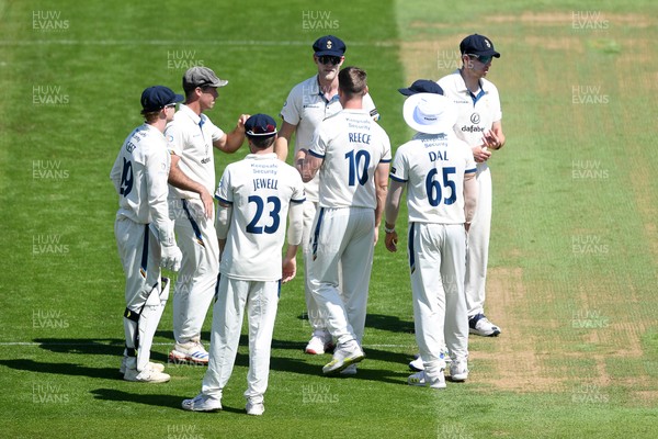 020525 - Glamorgan v Derbyshire - Rothesay County Championship - Luis Reece of Derbyshire celebrates with team mates after bowling out Asa Tribe of Glamorgan