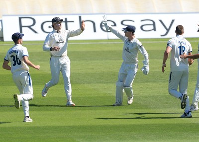 030525 - Glamorgan v Derbyshire, Rothesay County Championship Division 2, Day 2 - Derbyshire celebrate as they take the wicket of Colin Ingram of Glamorgan
