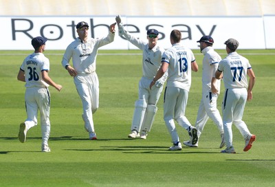 030525 - Glamorgan v Derbyshire, Rothesay County Championship Division 2, Day 2 - Derbyshire celebrate as they take the wicket of Colin Ingram of Glamorgan
