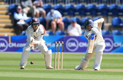 030525 - Glamorgan v Derbyshire, Rothesay County Championship Division 2, Day 2 - Timm van der Gugten of Glamorgan plays a shot