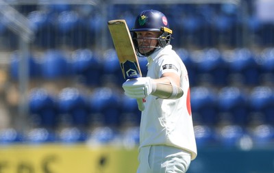 030525 - Glamorgan v Derbyshire, Rothesay County Championship Division 2, Day 2 - Timm van der Gugten of Glamorgan celebrates after scoring his 50